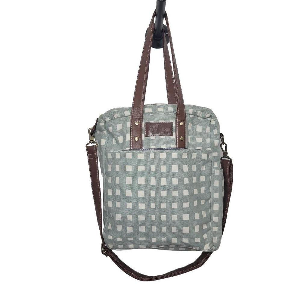 Maika Goods Commuter Tote Flores Gray Check Crossbody Faux Leather Trim Baby Bag